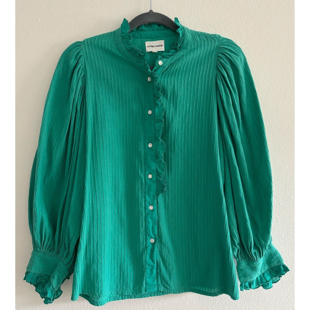Antik Batik Teal Ruffled Avon Cotton Blouse Small